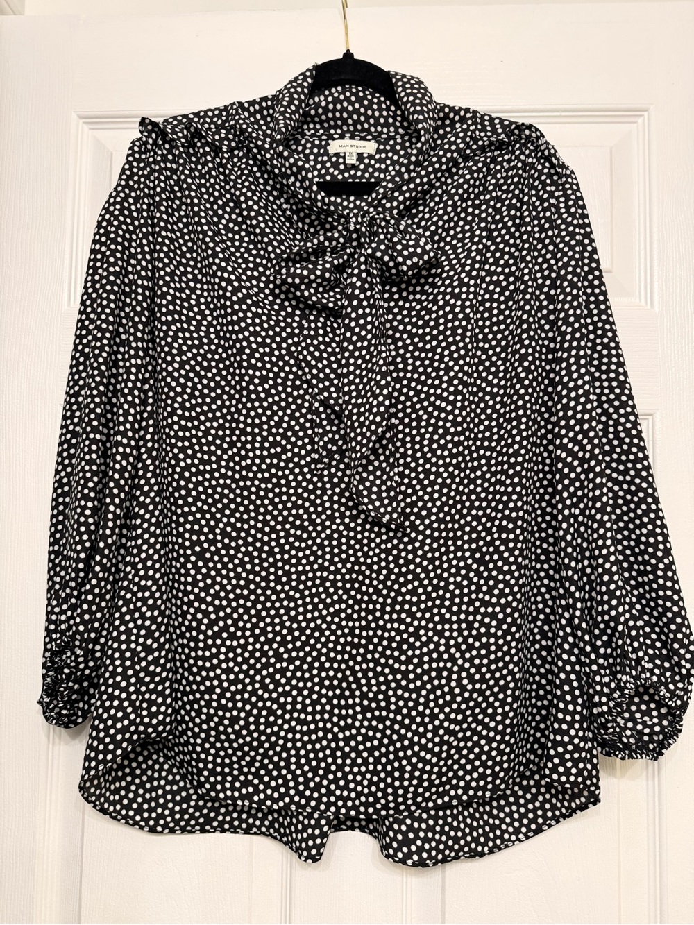 Max Studio Black White Dot Tie Neck Ruffle Blouse 1X Plus